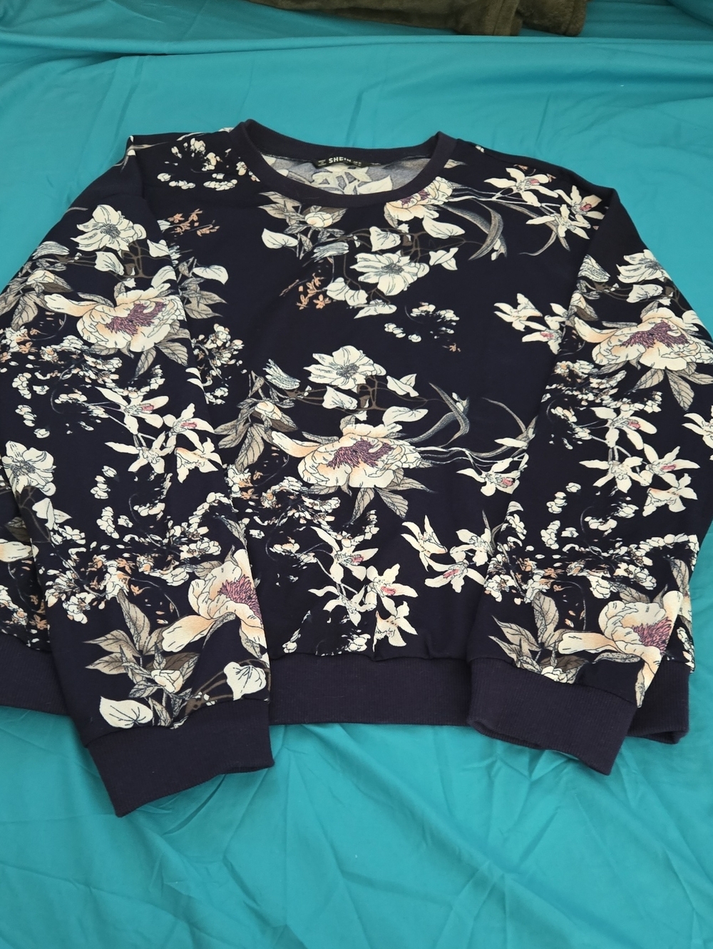 SHEIN Navy Floral Crewneck Sweatshirt